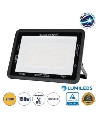 GLOBOSTAR® ATLAS 61430 Προβολέας LED 150W 17250lm 120° AC 220-240V Αδιάβροχο IP67 Θερμό Λευκό 2700K - Lumileds SMD Chip - TÜV Rheinland Certified - Μαύρο Ματ - Μ32 x Π4 x Υ23cm - 5 Χρόνια Εγγύηση